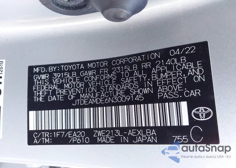 2022 Toyota Corolla Hybrid Le z USA, uszkodzony, nr VIN JTDEAMDE6N3009145